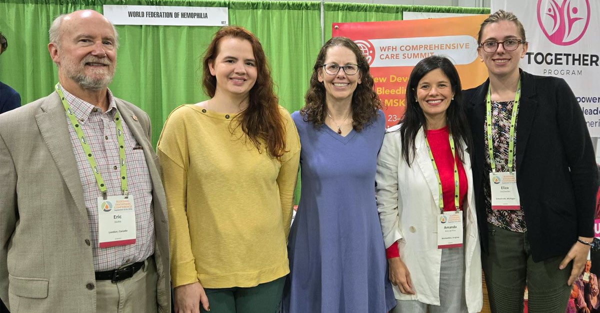 (Left to right): Eric Stolte, President, WFH USA with Susan Skinner Memorial Fund Scholarship Alumni; Joelle Palmatier (U.S.A, 2016), Shellye Horowitz (U.S.A, 2022), Amanda Brito del Pino Mouro (Uruguay, 2018) and Eliza VanZweden (U.S.A, 2024).