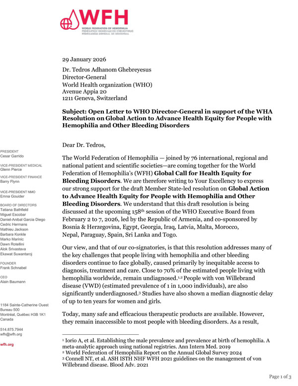 WFH presents letter to WHO Director-General for global call for health equity for bleeding disorders in support of the WHA resolution on hemophilia and other bleeding disorders thumbnail