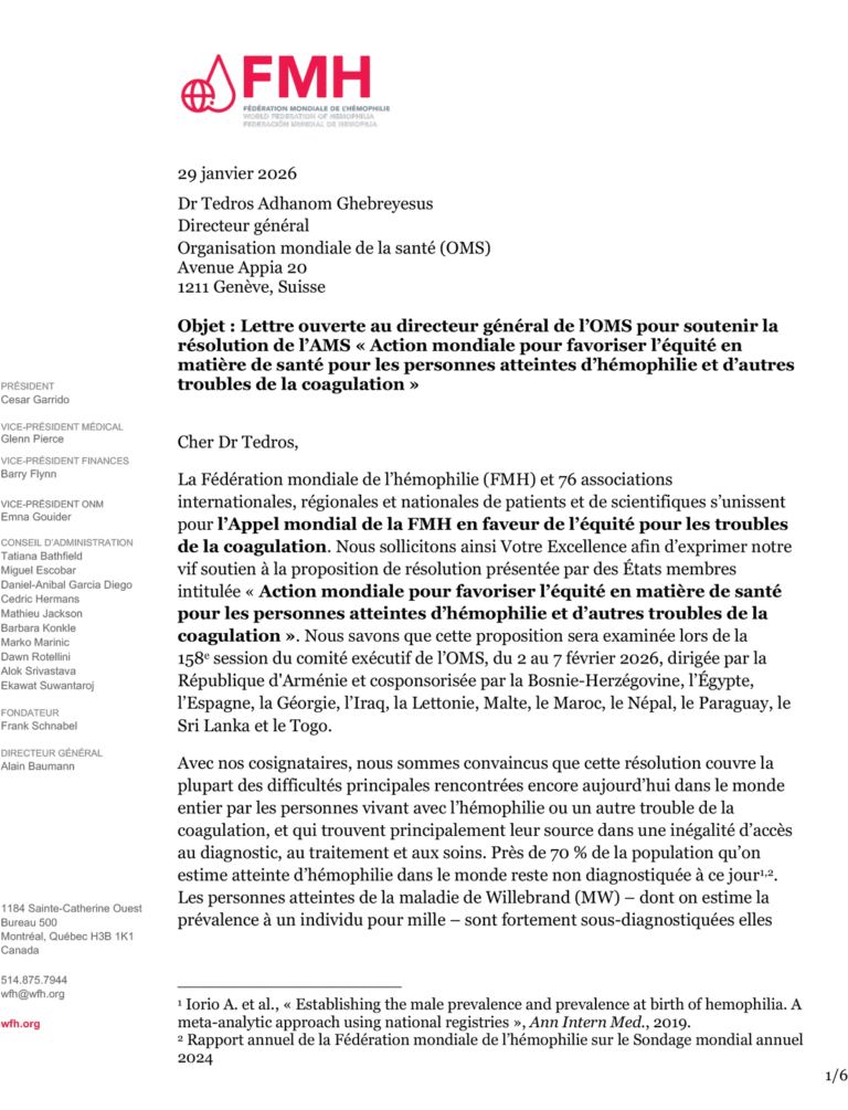 La FMH présente une lettre au directeur général de l’OMS dans le cadre d’un appel mondial à l’équité en matière de soins de santé pour les troubles de la coagulation, en soutien à la résolution de l’AMS pour l’hémophilie et les autres troubles de la coagulation thumbnail